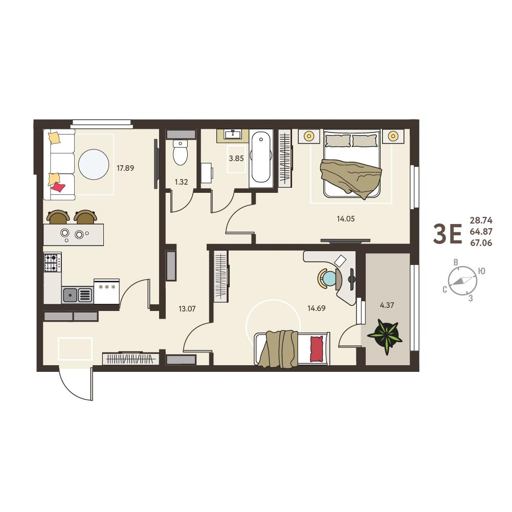 2-комнатная 67 м2 в ЖК Инстеп.Сити корпус null этаж 17