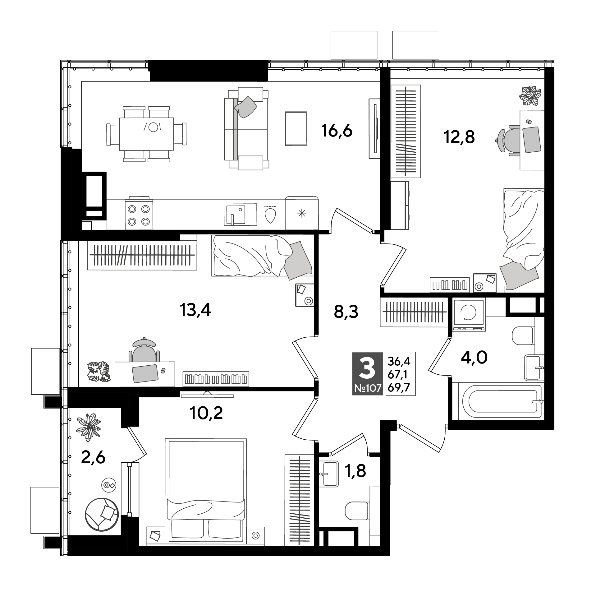 3-комнатная 69 м2 в ЖК Dogma Park корпус null этаж 15