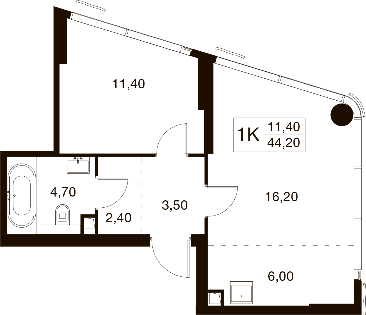 1-комнатная 44 м2 в ЖК А22 корпус null этаж 3