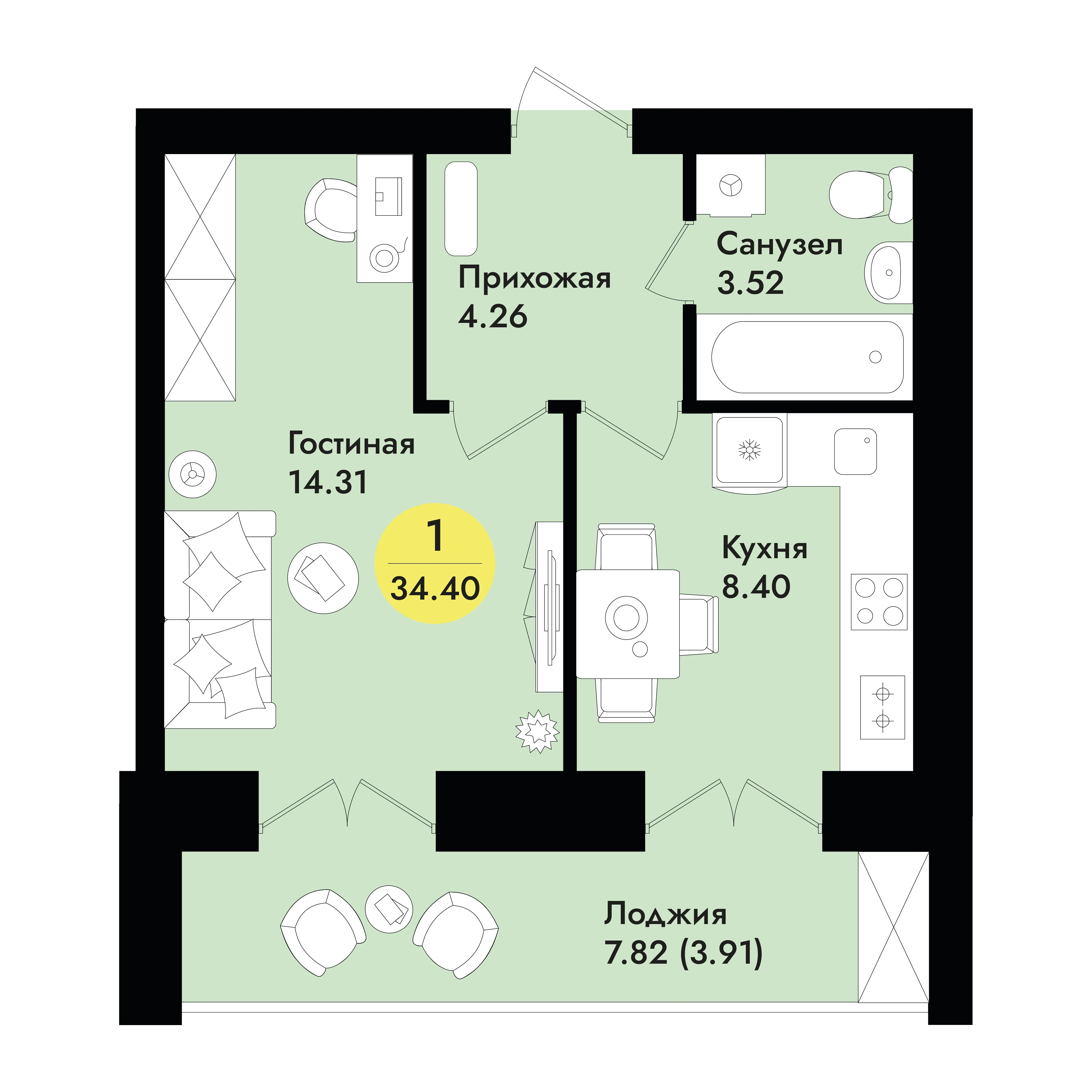 1-комнатная 34 м2 в ЖК Соловьи корпус null этаж 2