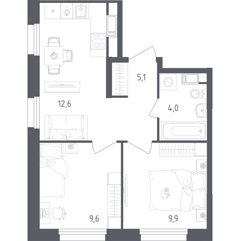 2-комнатная 41 м2 в ЖК Ольховый Квартал корпус null этаж 5