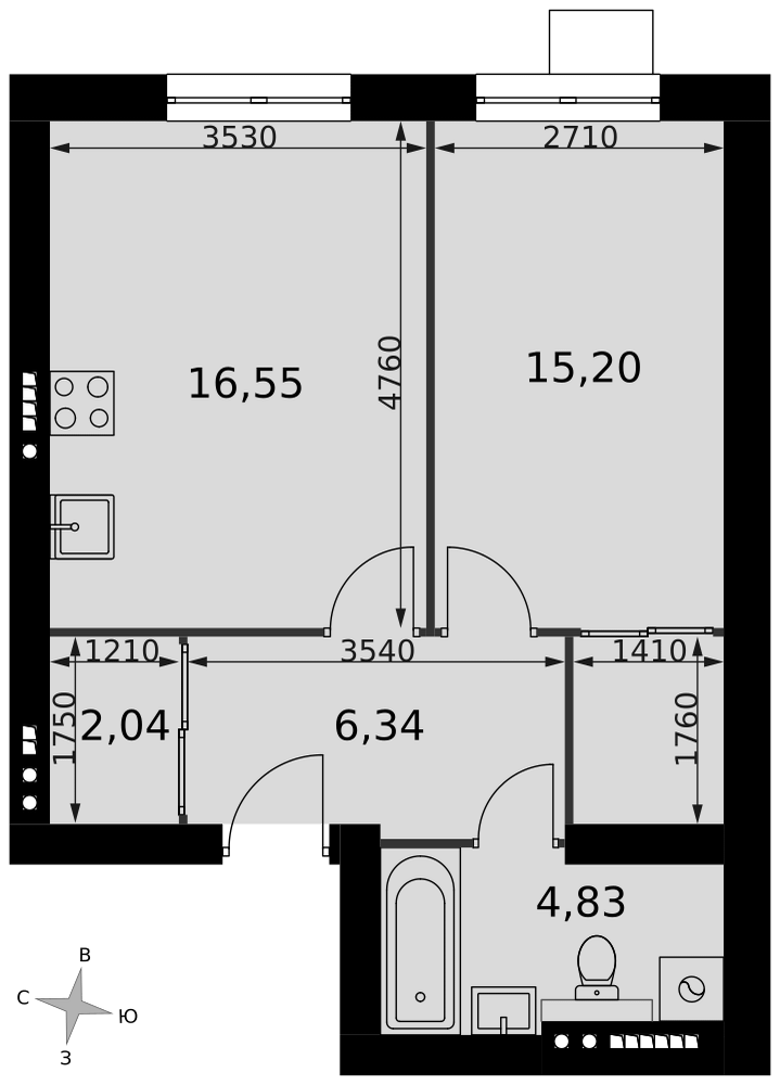 1-комнатная 44 м2 в ЖК Мартемьяново Клаб корпус null этаж 2