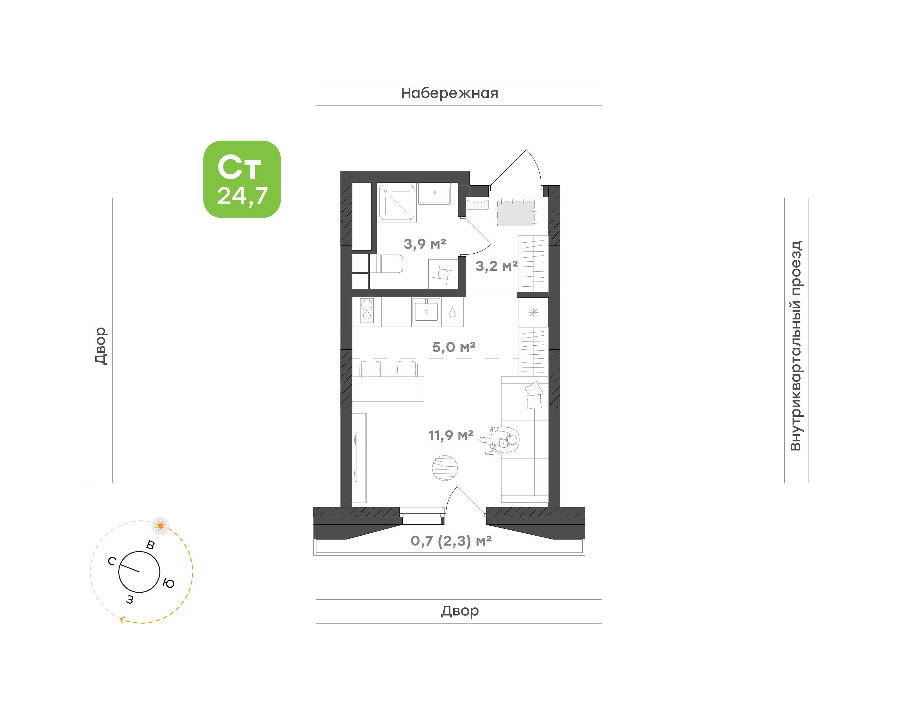1-комнатная 24 м2 в ЖК Семейный квартал «Береговой» корпус null этаж 3