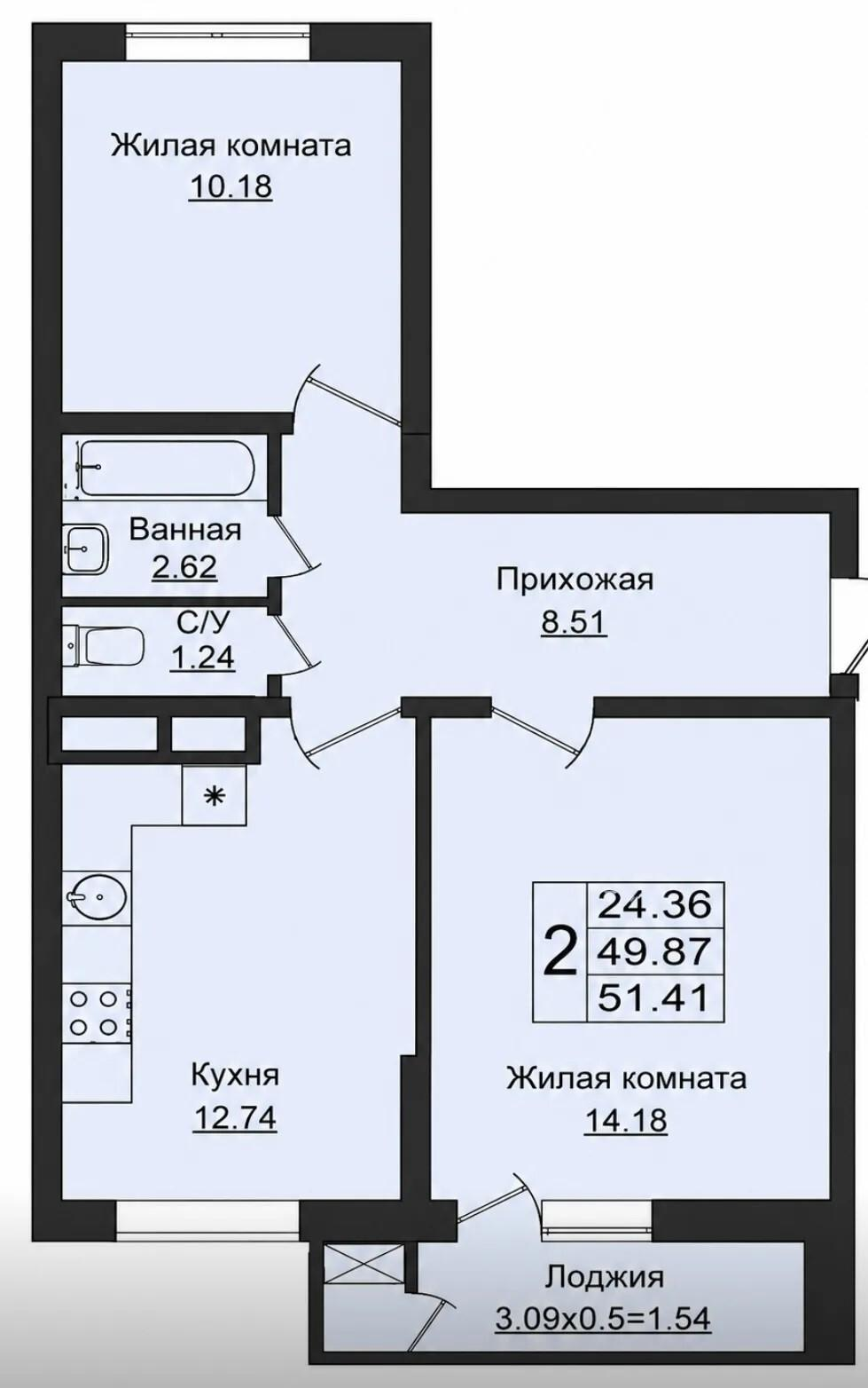 2-комнатная 51 м2 в ЖК undefined корпус null этаж 4