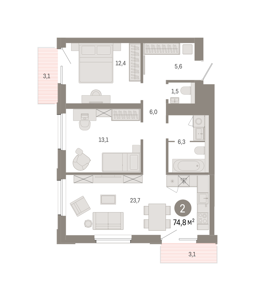 2-комнатная 74 м2 в ЖК Город-на-озере корпус null этаж 6