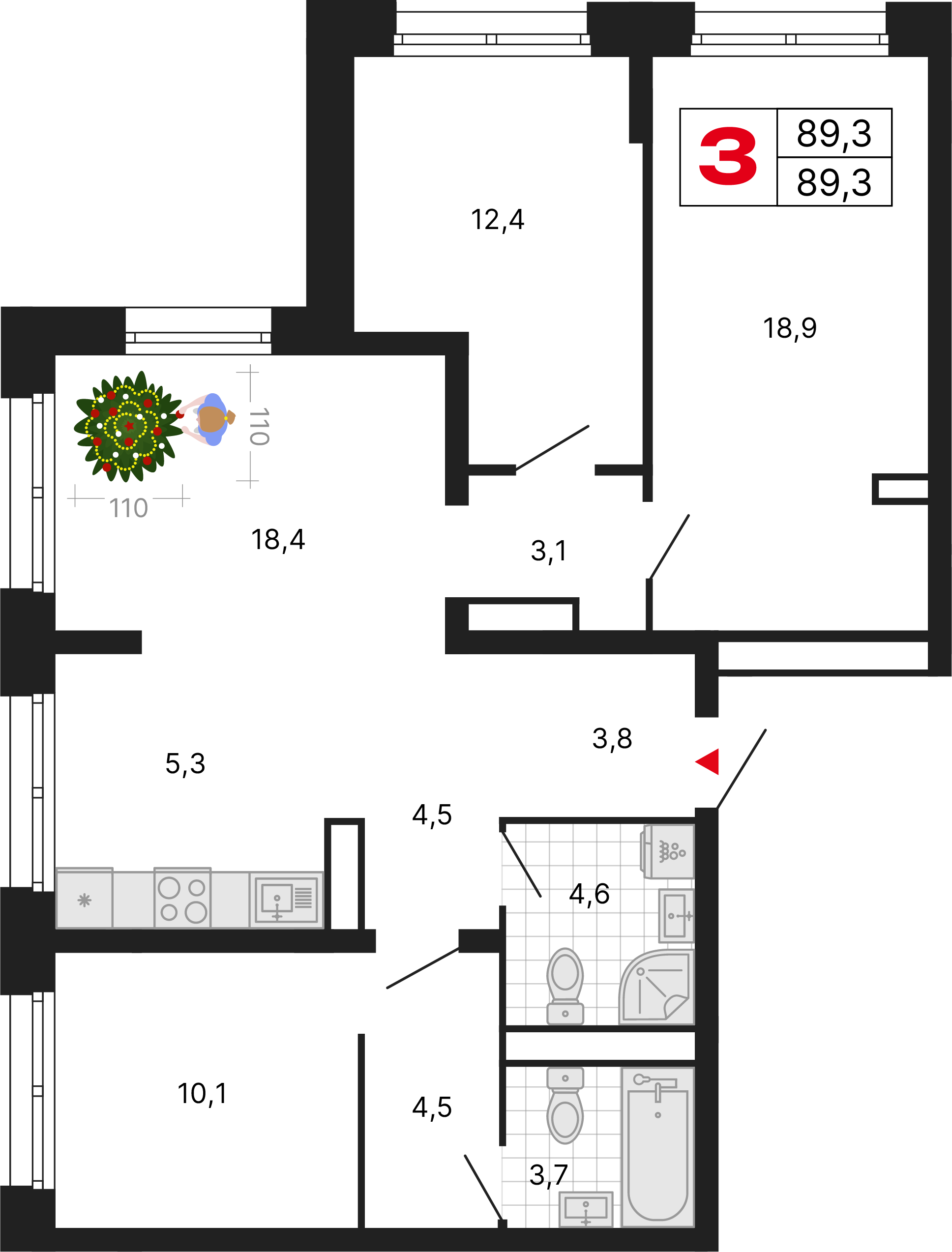 3-комнатная 89 м2 в ЖК Бестселлер корпус null этаж 16