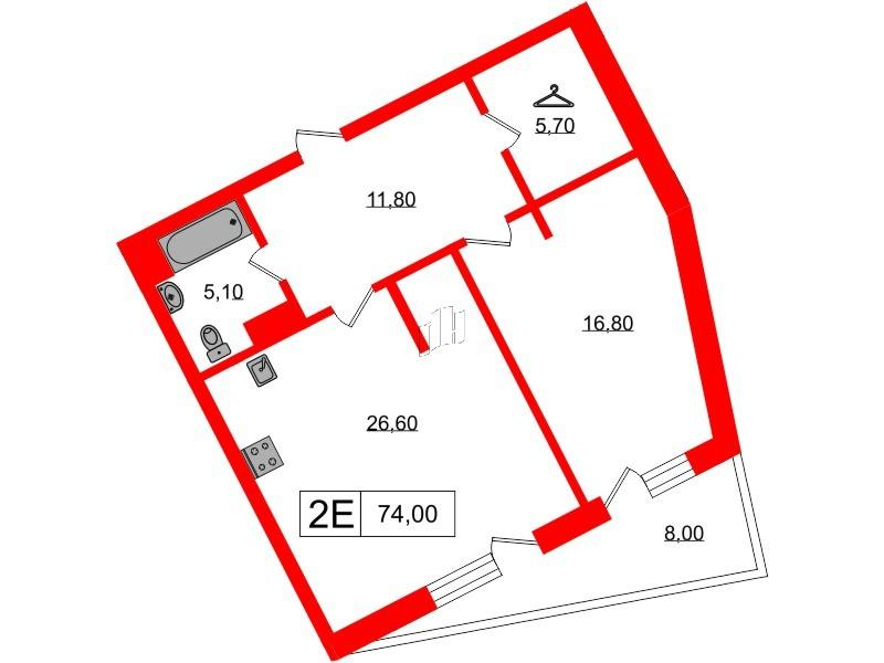 1-комнатная 74 м2 в ЖК Princesse Royal корпус null этаж 7