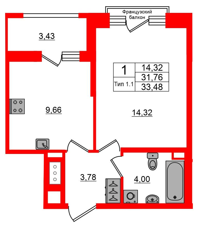 1-комнатная 31 м2 в ЖК Setl Ривьера корпус null этаж 11