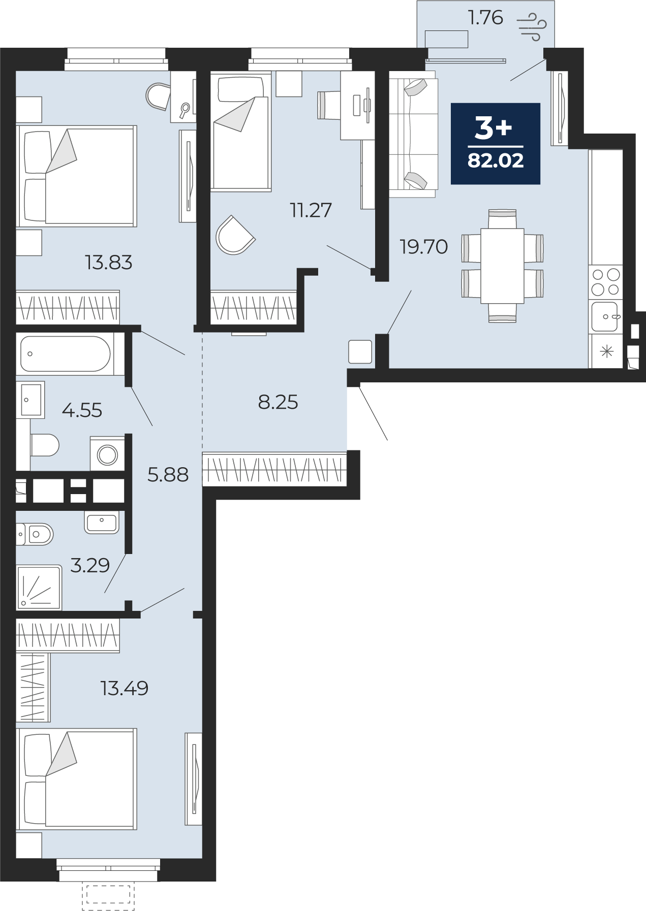 3-комнатная 80 м2 в ЖК Беринг корпус null этаж 3