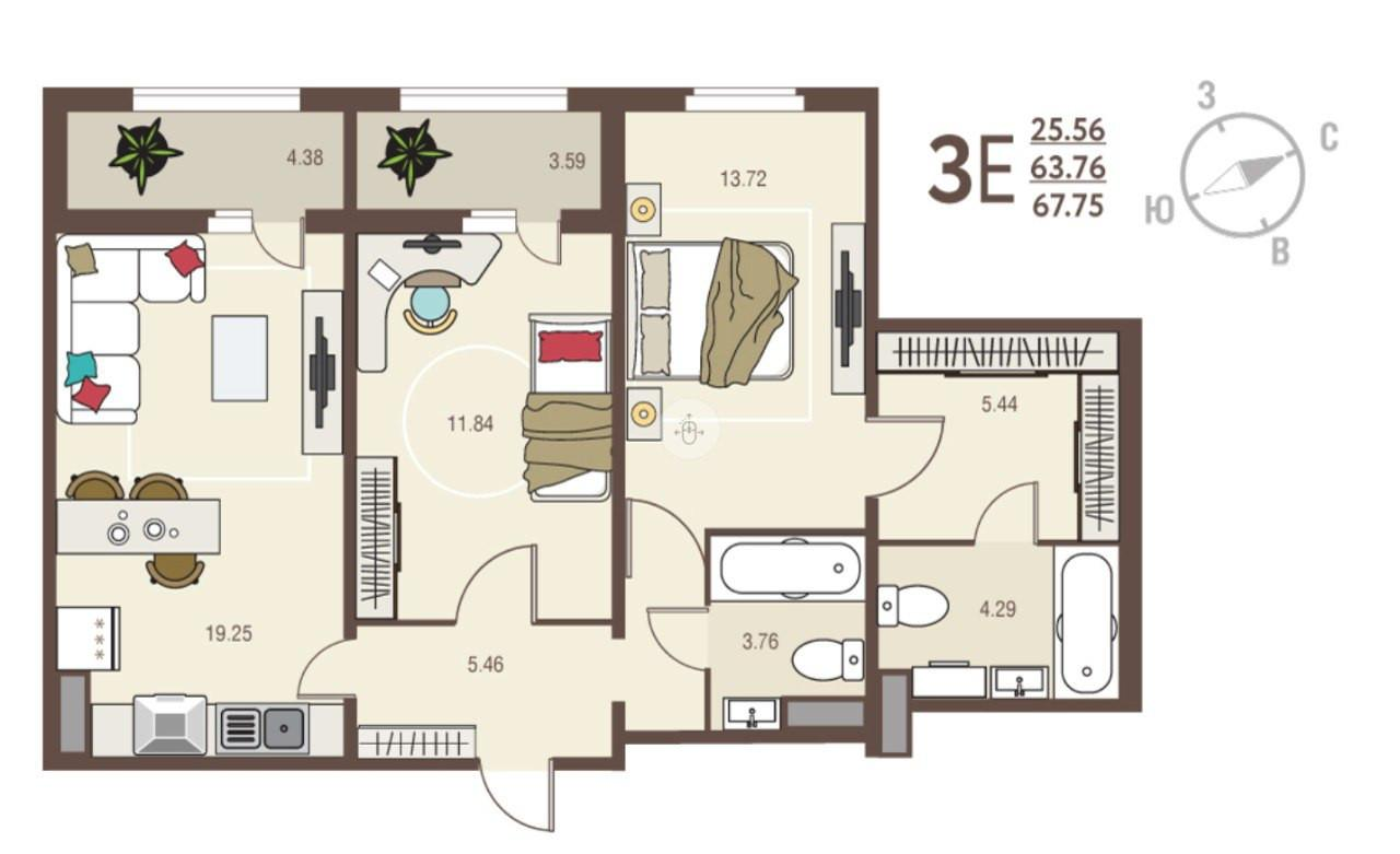 3-комнатная 67.8 м2 в ЖК undefined корпус null этаж 11