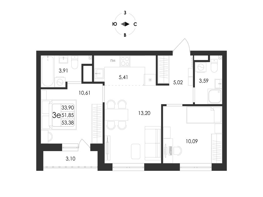 3-комнатная 53 м2 в ЖК Май корпус null этаж 15