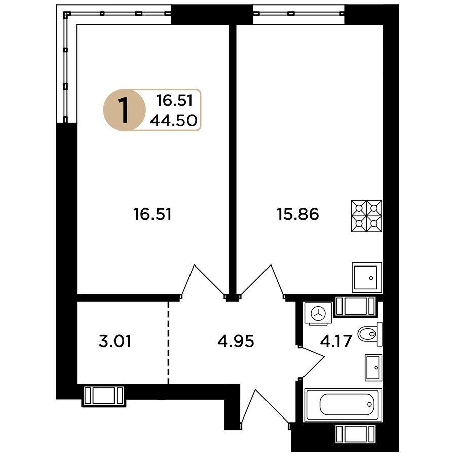 1-комнатная 43 м2 в ЖК Легенда корпус null этаж 9