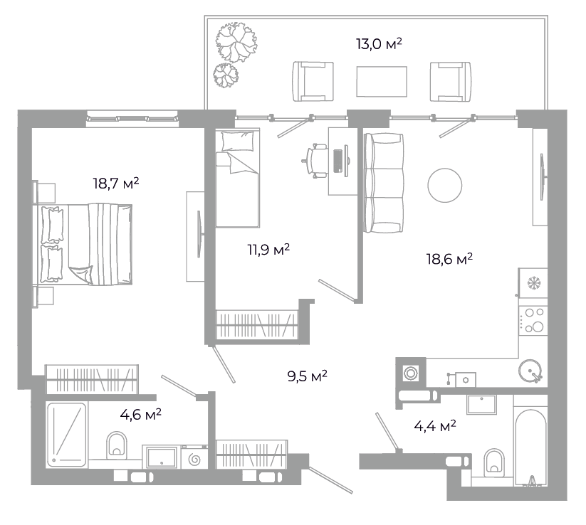 2-комнатная 80 м2 в ЖК Зелёные Кварталы корпус null этаж 1
