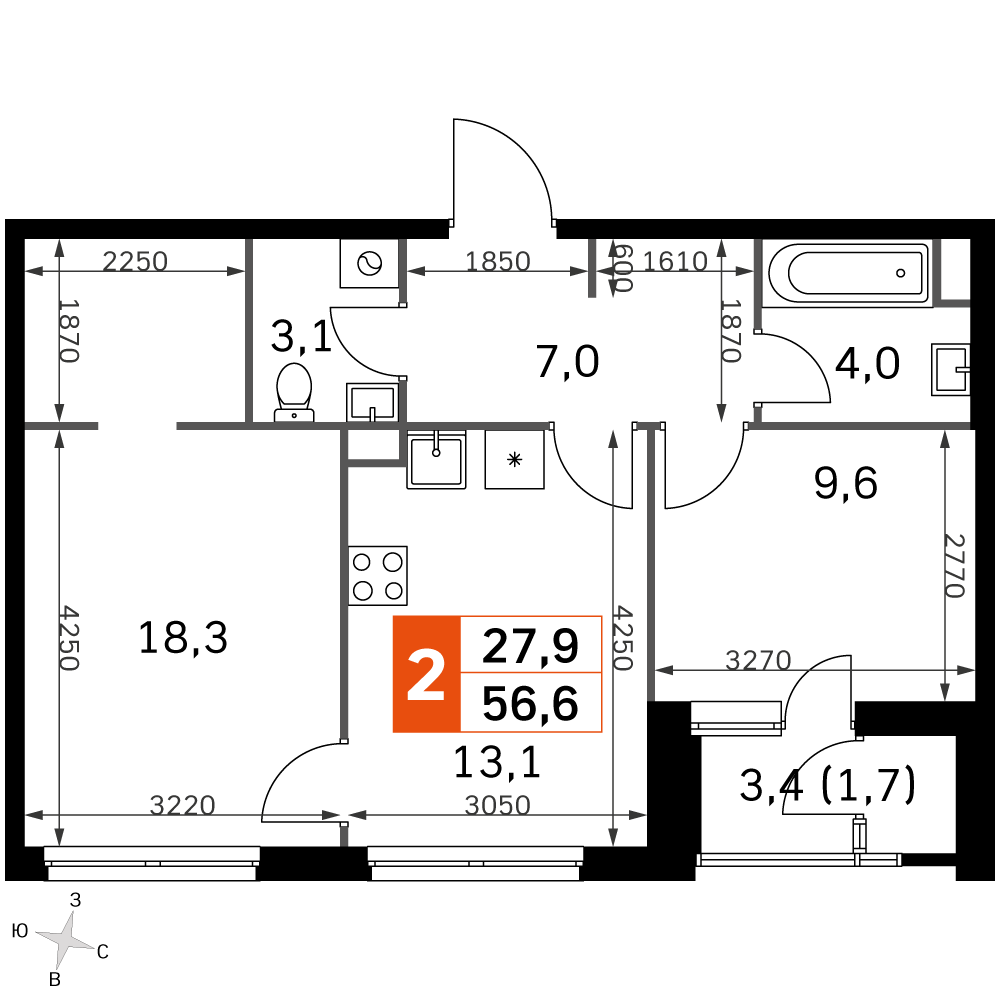 2-комнатная 54 м2 в ЖК Скай Гарден корпус null этаж 24