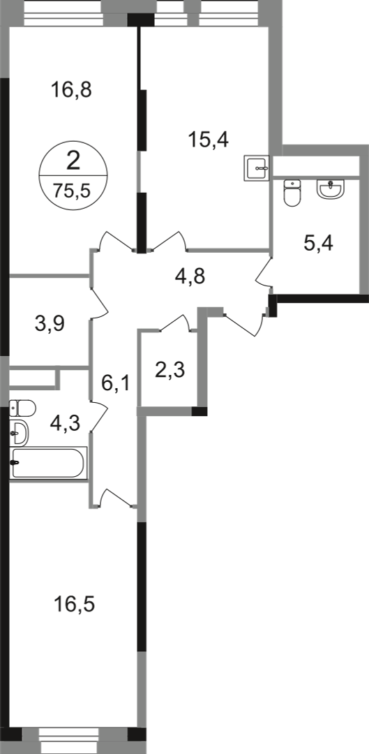 2-комнатная 75 м2 в ЖК Первый Московский корпус null этаж 3