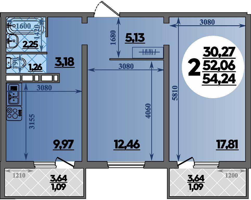 2-комнатная 54 м2 в ЖК Платовский корпус null этаж 3