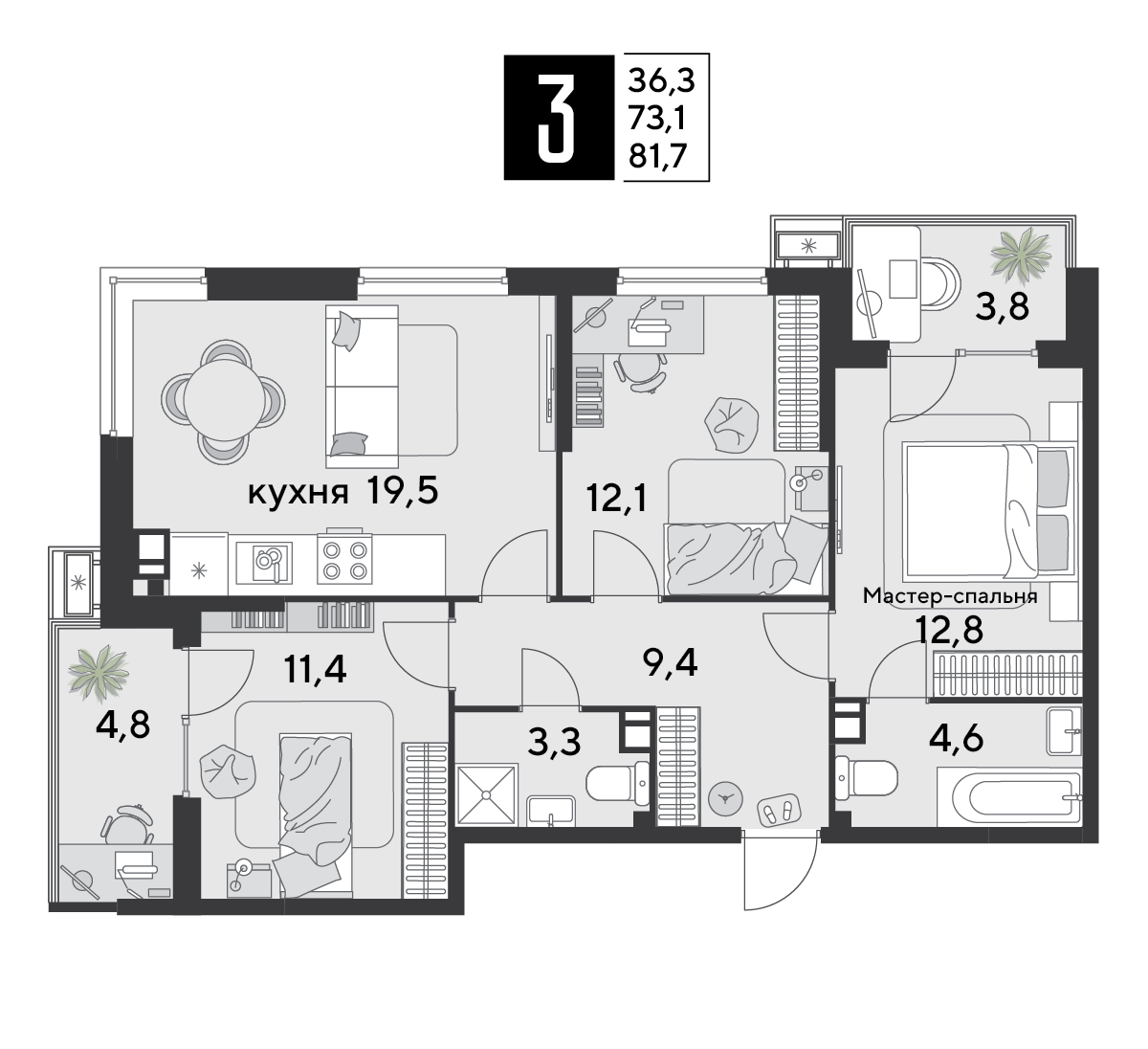 3-комнатная 82 м2 в ЖК Парк Победы 2 корпус null этаж 9