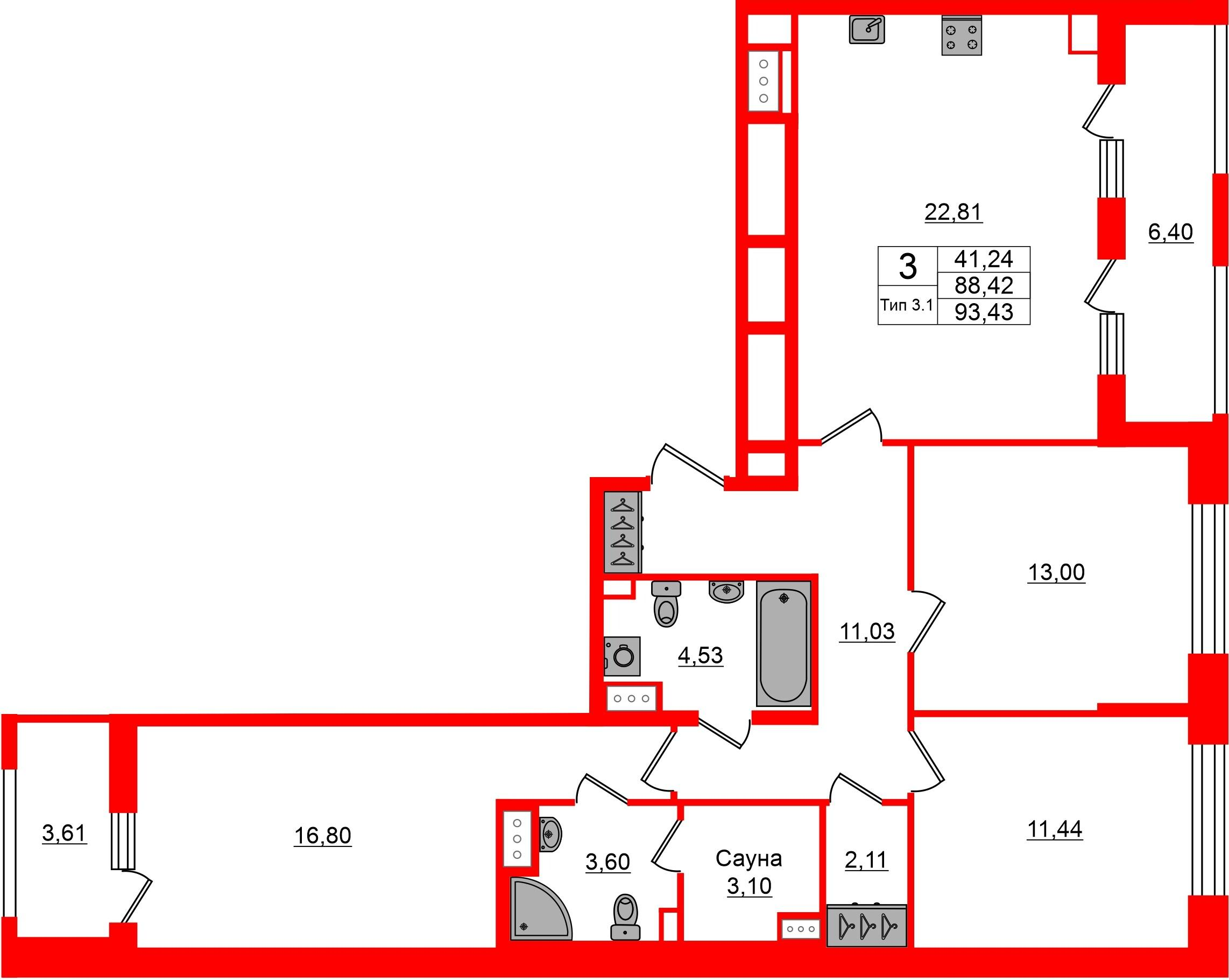 3-комнатная 88 м2 в ЖК Сэтл Ривьера корпус null этаж 5
