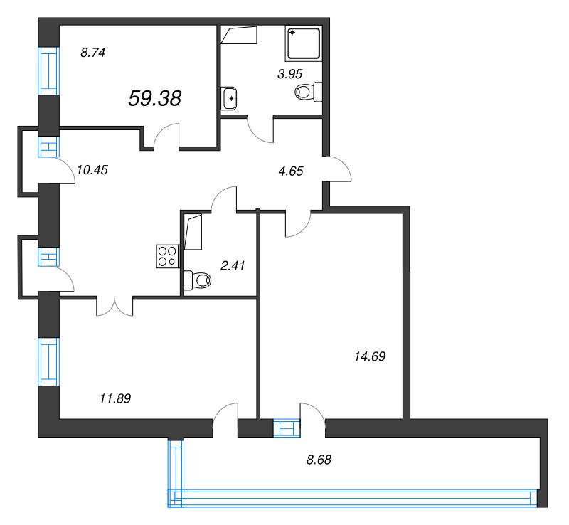 3-комнатная 59 м2 в ЖК ID Polytech корпус null этаж 10
