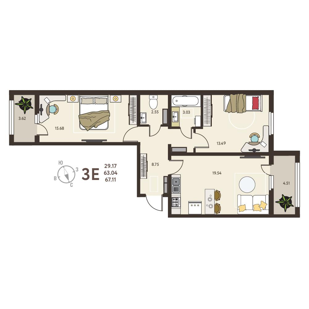 2-комнатная 67 м2 в ЖК Инстеп.Сити корпус null этаж 15