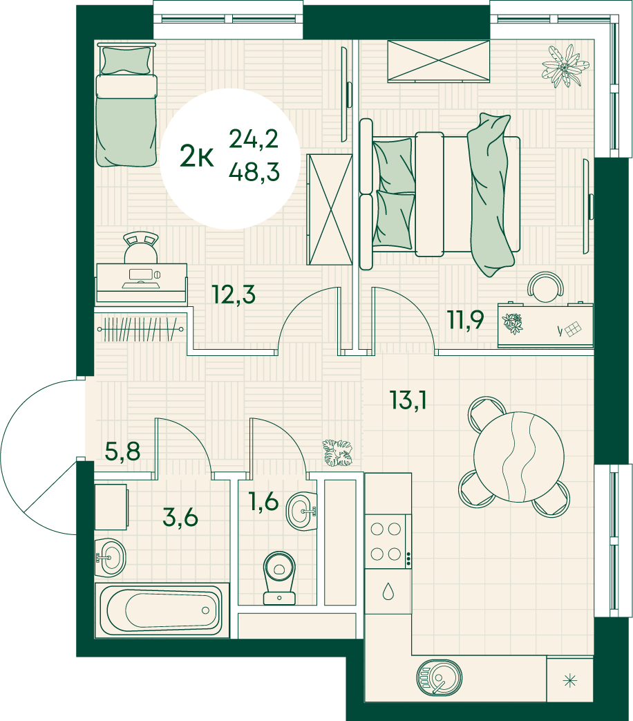 2-комнатная 48 м2 в ЖК Green Apple корпус null этаж 15