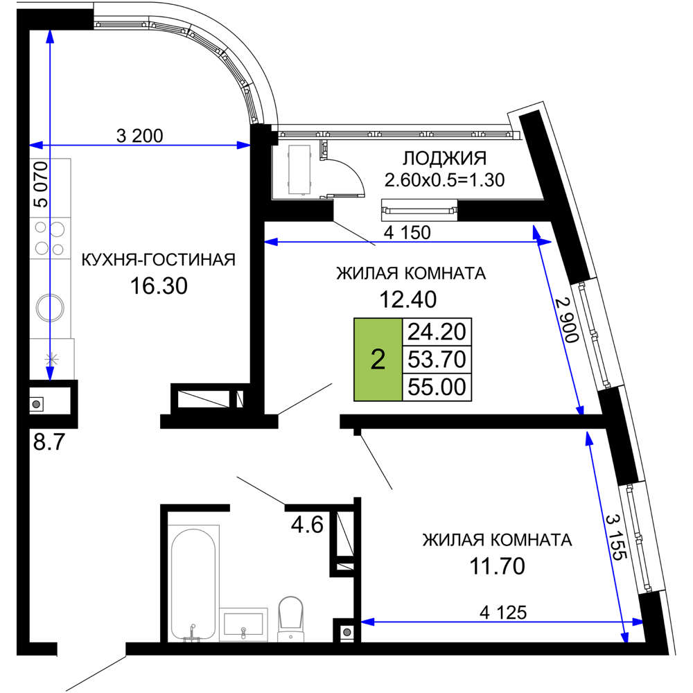2-комнатная 55 м2 в ЖК Фонтаны корпус null этаж 9
