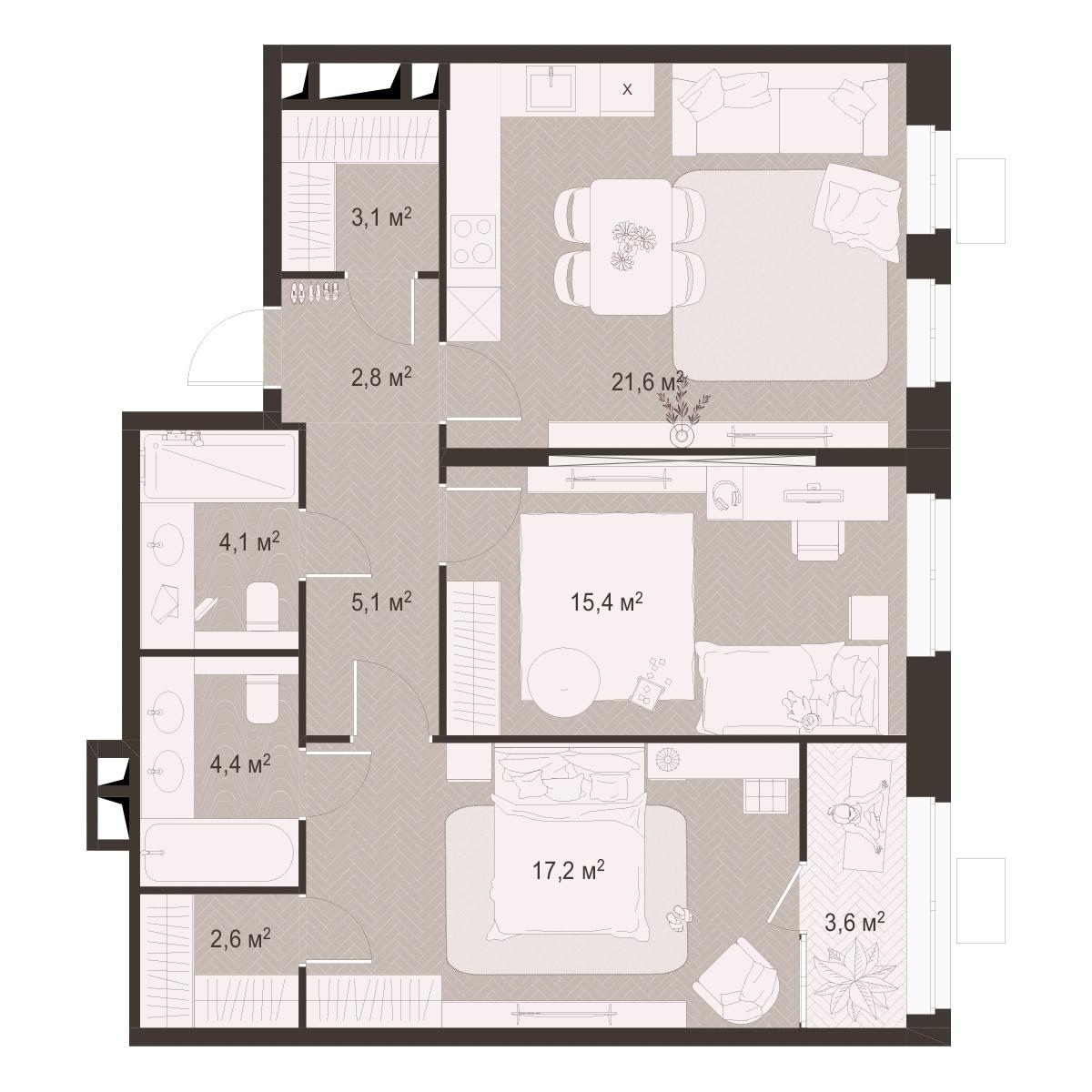 2-комнатная 79 м2 в ЖК Гранд Комфорт-3 корпус null этаж 13