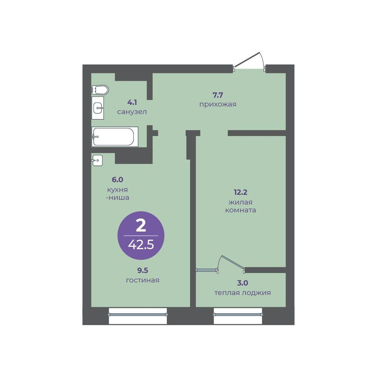 2-комнатная 42 м2 в ЖК Перемены корпус null этаж 4