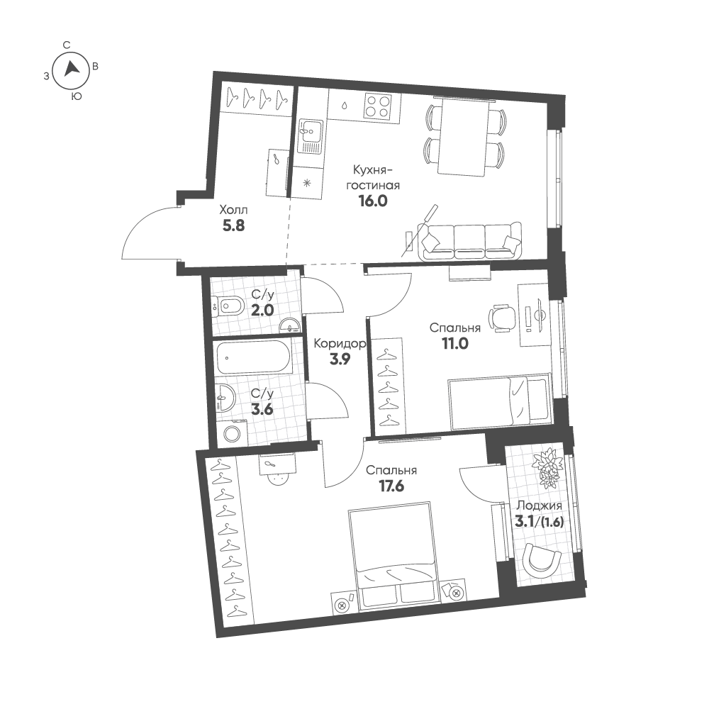 2-комнатная 61 м2 в ЖК Ягодное Река Парк корпус null этаж 8
