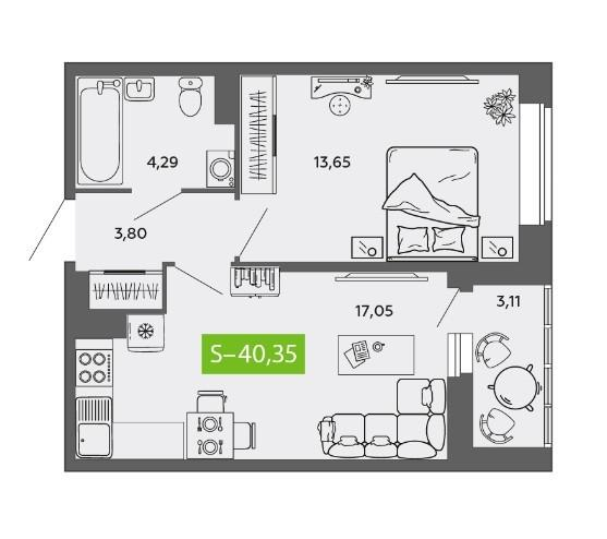 1-комнатная 40.4 м2 в ЖК undefined корпус null этаж 4