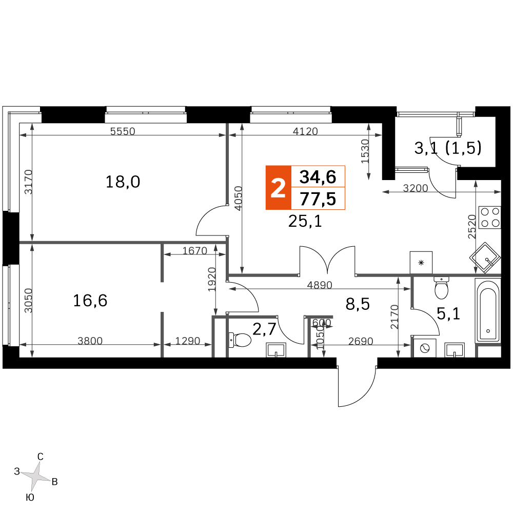3-комнатная 75 м2 в ЖК Скай Гарден корпус null этаж 8