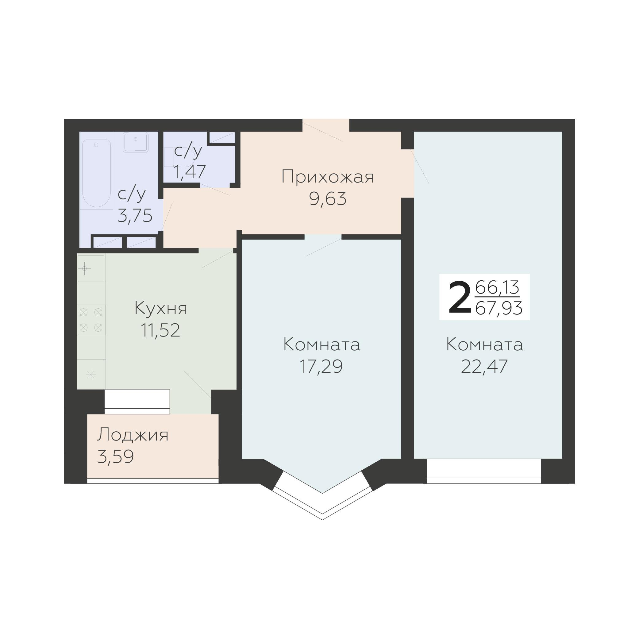 2-комнатная 67 м2 в ЖК Nova парк корпус null этаж 4