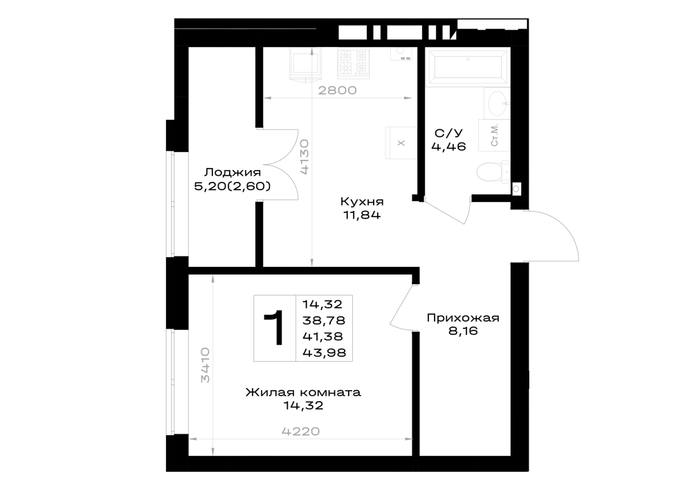 1-комнатная 41 м2 в ЖК Включи корпус null этаж 4