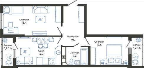 2-комнатная 62 м2 в ЖК Облака корпус null этаж 10