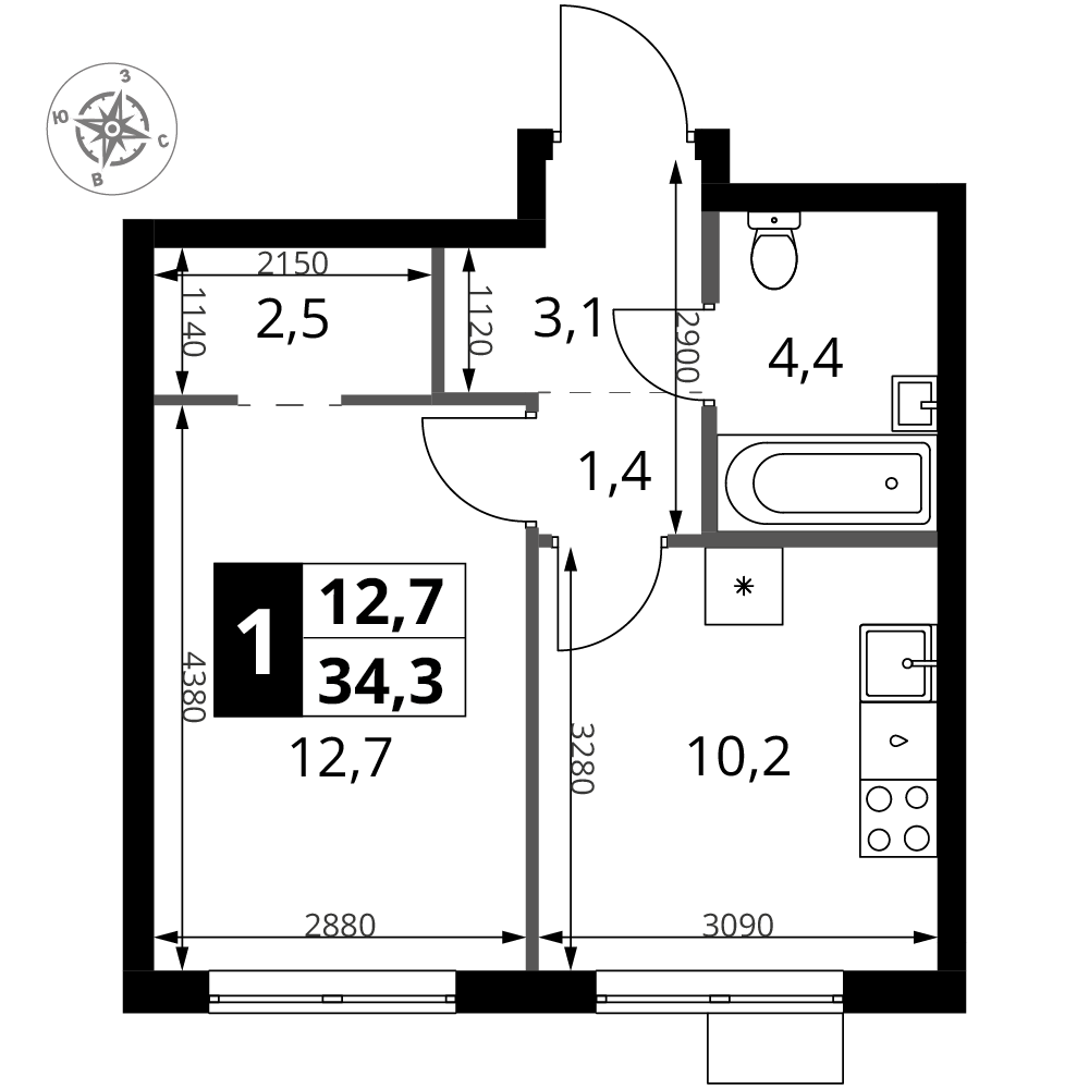 1-комнатная 34 м2 в ЖК 1-й Ясеневский корпус null этаж 8