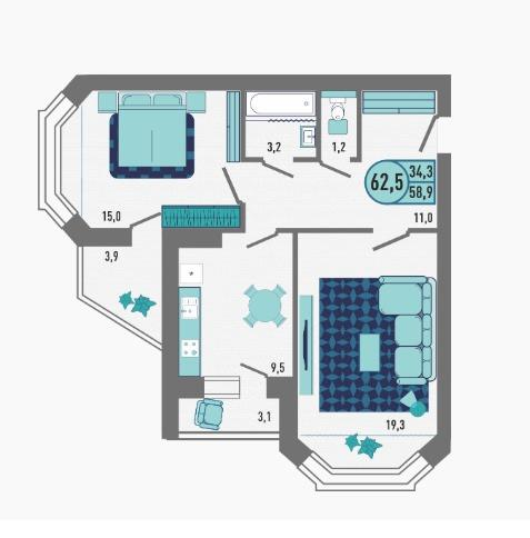 2-комнатная 62.5 м2 в ЖК undefined корпус null этаж 10