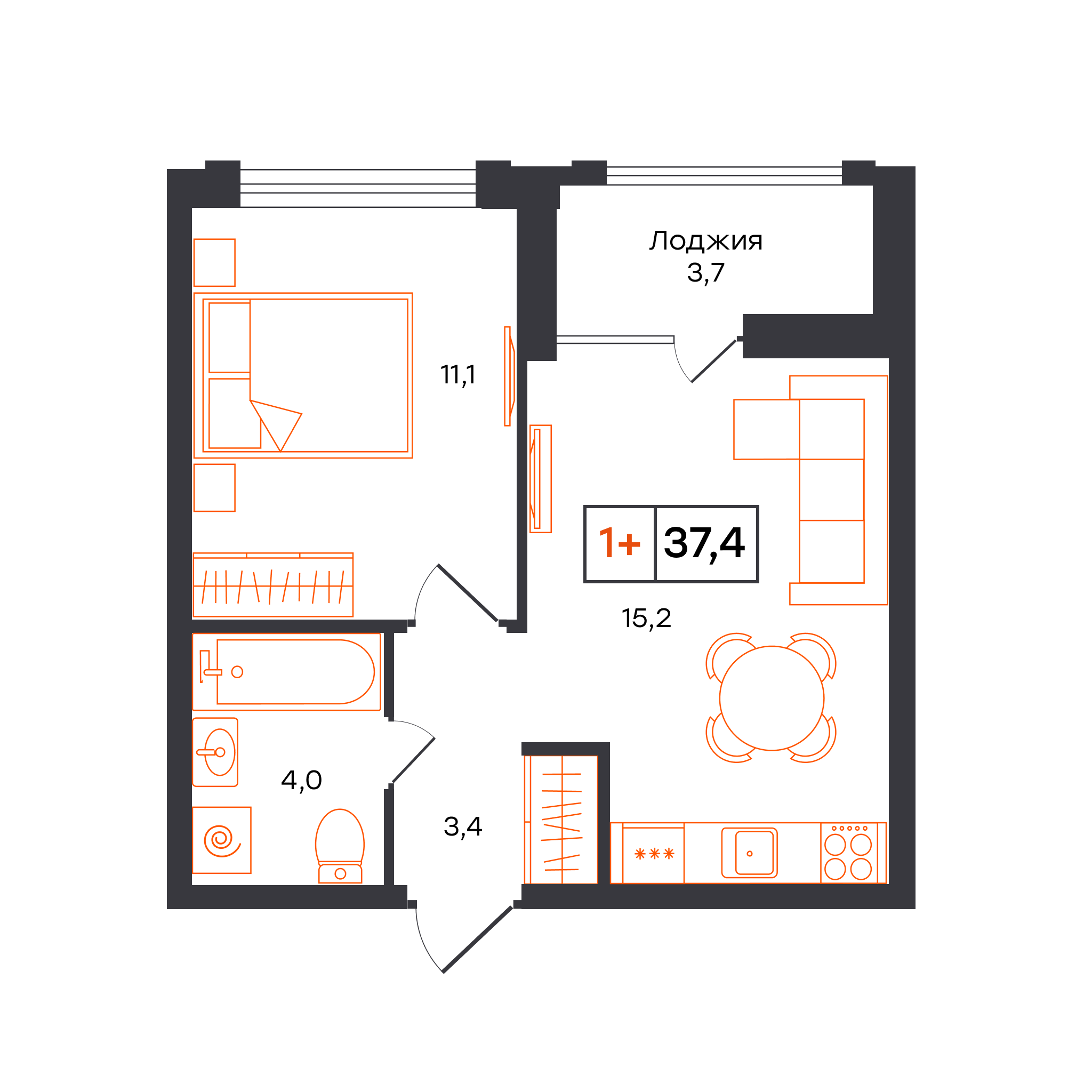 1-комнатная 37 м2 в ЖК УНО. Умный квартал корпус null этаж 3