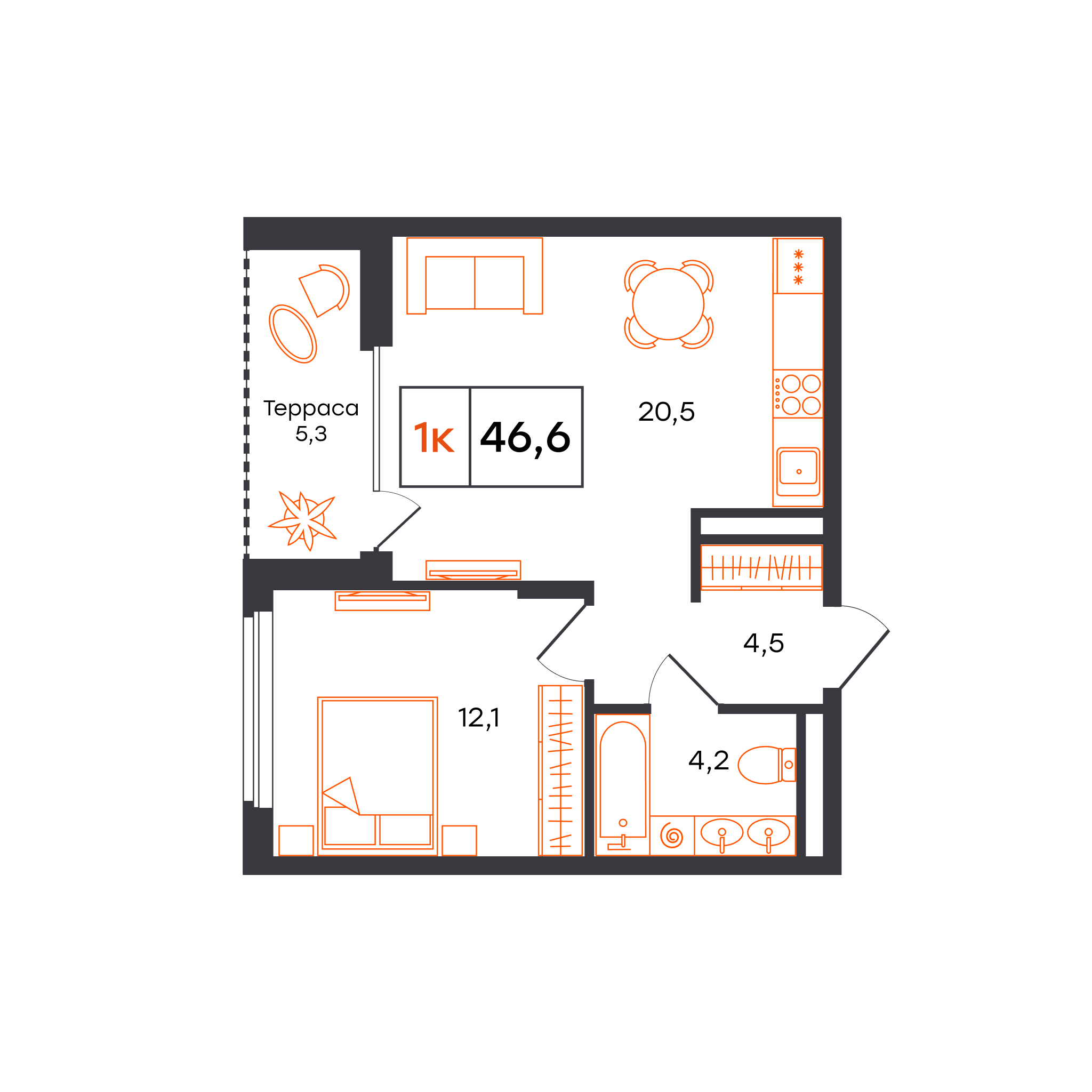 1-комнатная 46 м2 в ЖК Александровский корпус null этаж 9