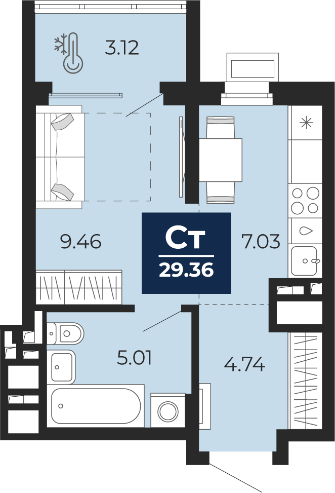 Студия 26 м2 в ЖК Беринг корпус null этаж 15