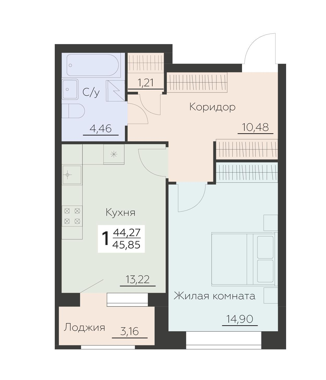 1-комнатная 45 м2 в ЖК Заря корпус null этаж 4