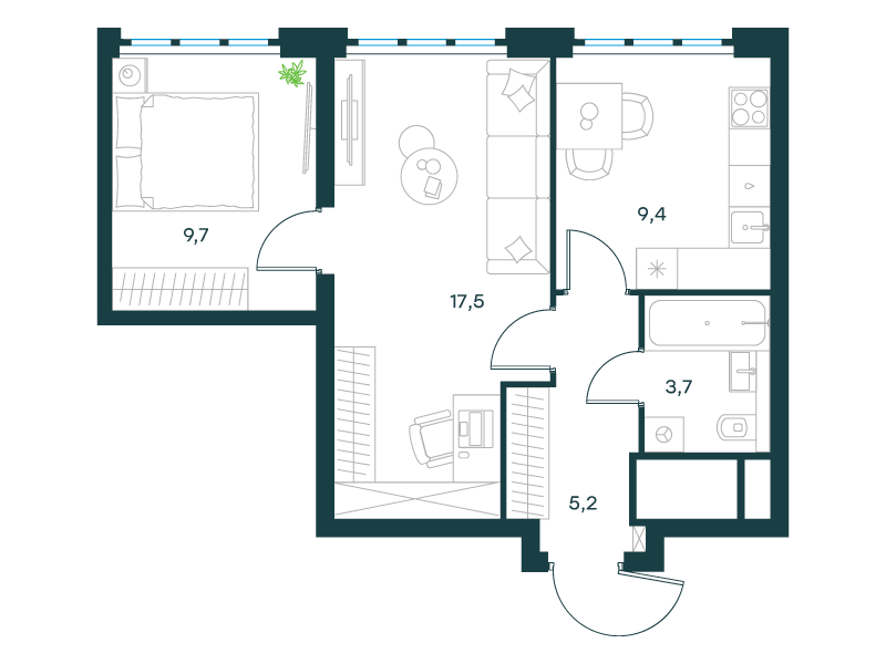 2-комнатная 45 м2 в ЖК Левел Южнопортовая корпус null этаж 39