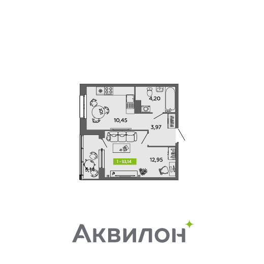1-комнатная 33 м2 в ЖК Аквилон MySky корпус null этаж 4
