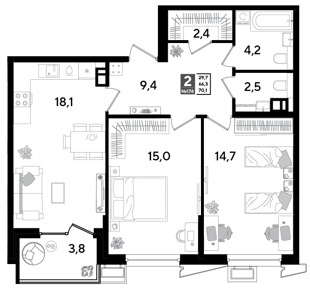 2-комнатная 69 м2 в ЖК Парк Победы 2 корпус null этаж 4