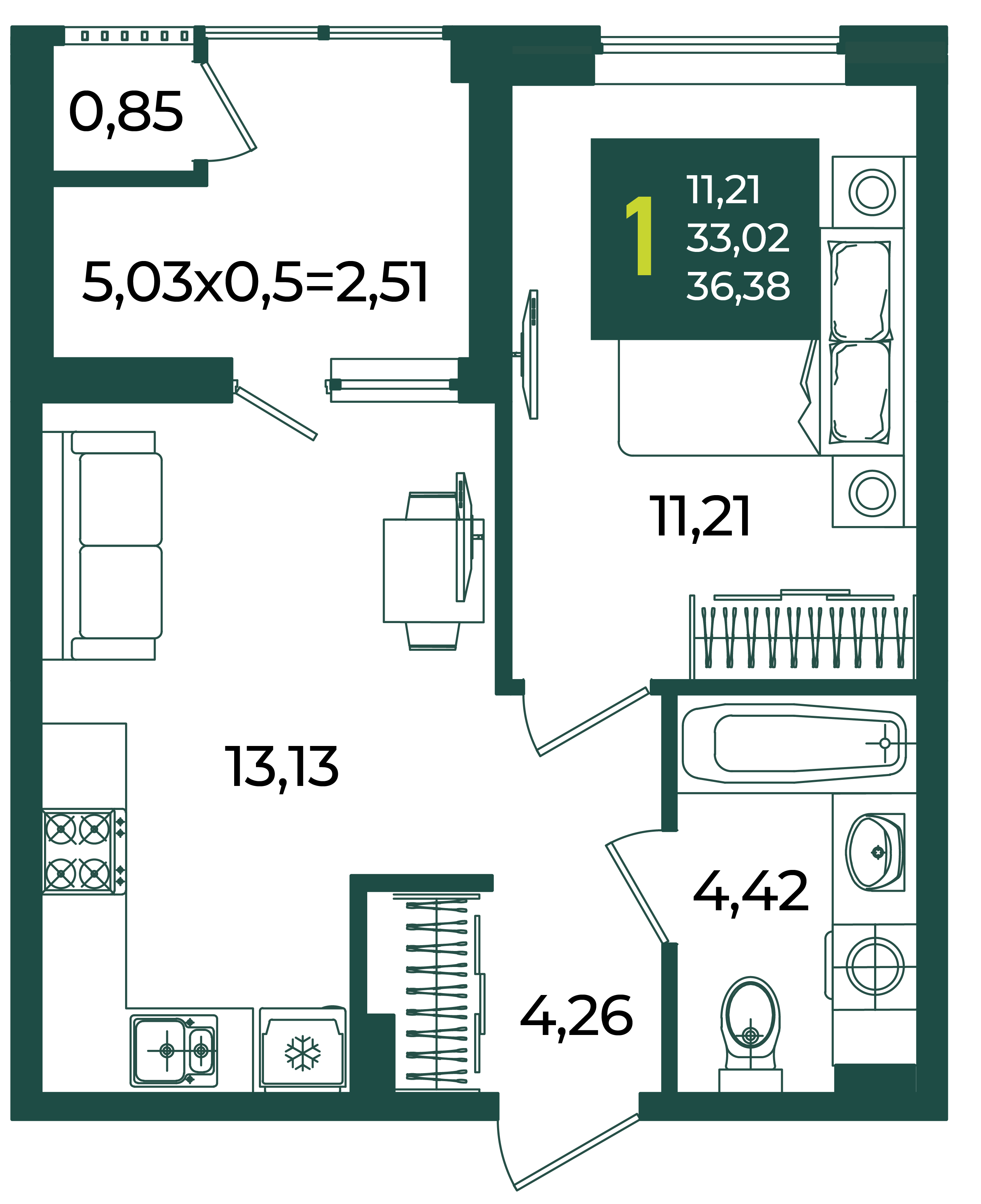 1-комнатная 36 м2 в ЖК Образцово корпус null этаж 2