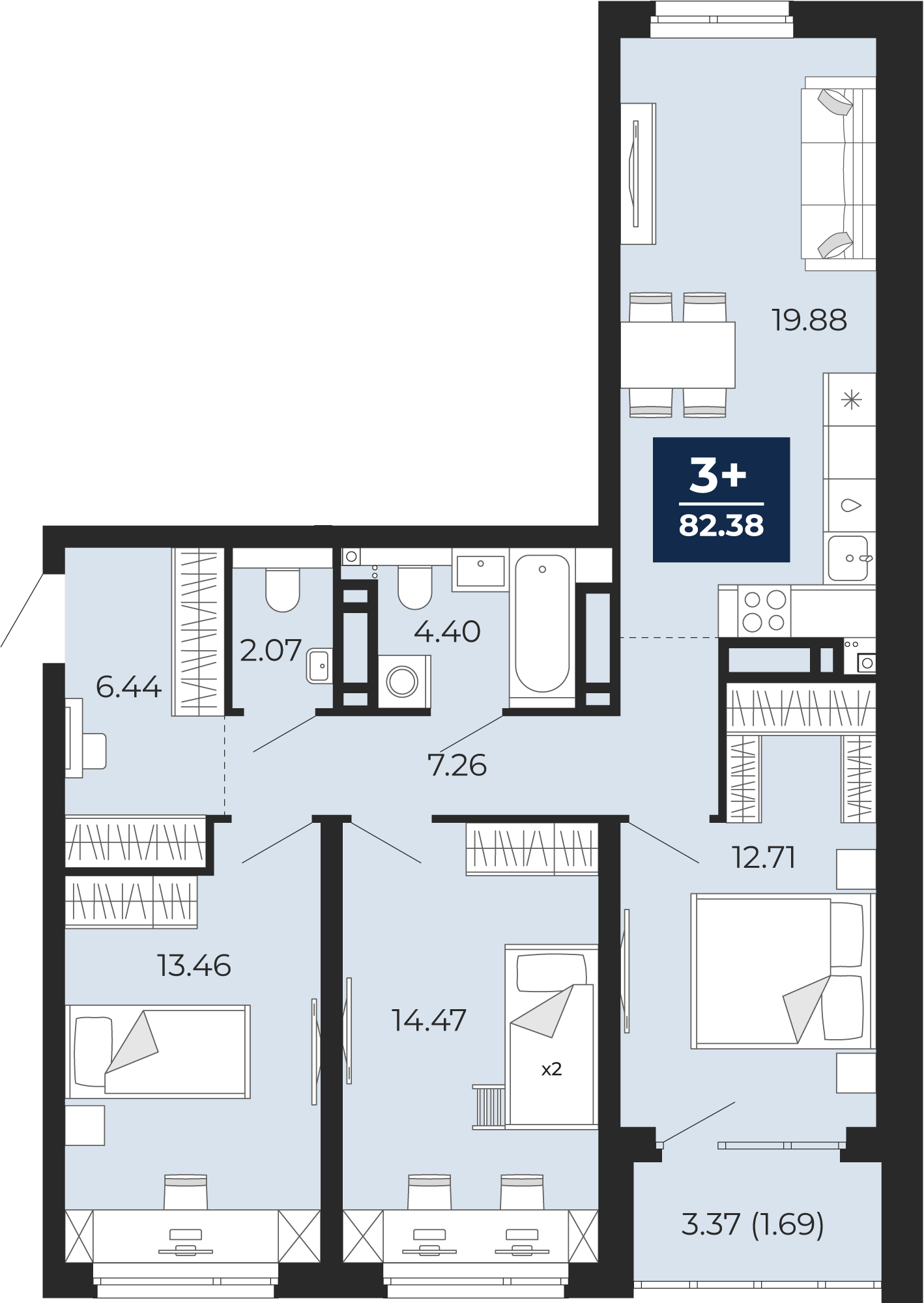 3-комнатная 80 м2 в ЖК Прео корпус null этаж 12
