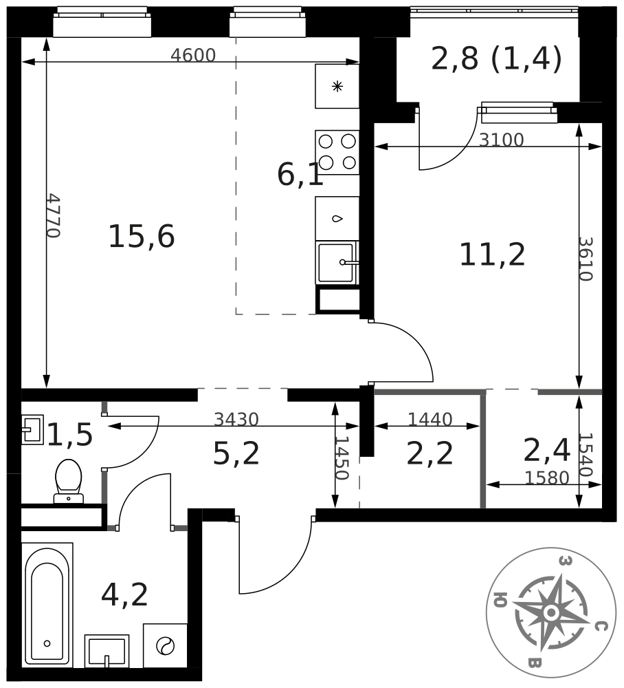 2-комнатная 49 м2 в ЖК 1-й Ясеневский корпус null этаж 2