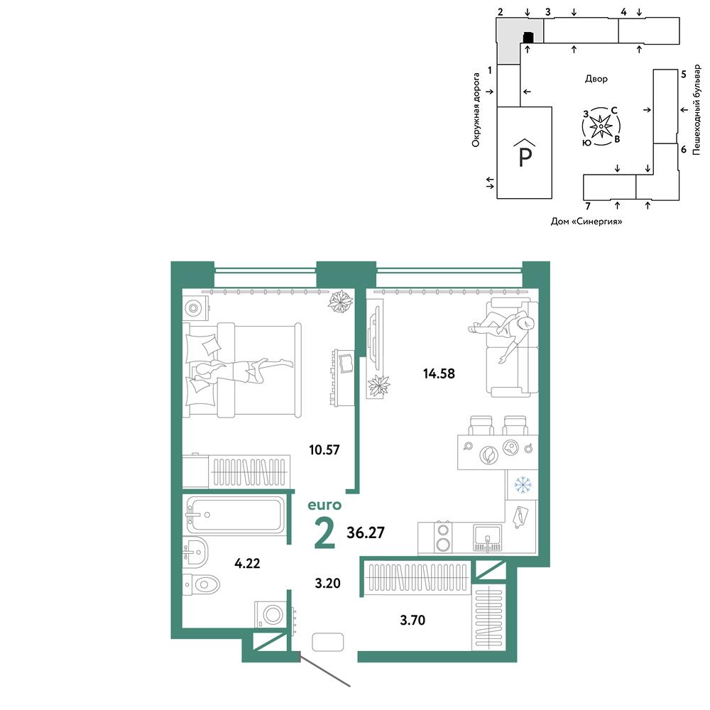 2-комнатная 36 м2 в ЖК Юнион корпус null этаж 9