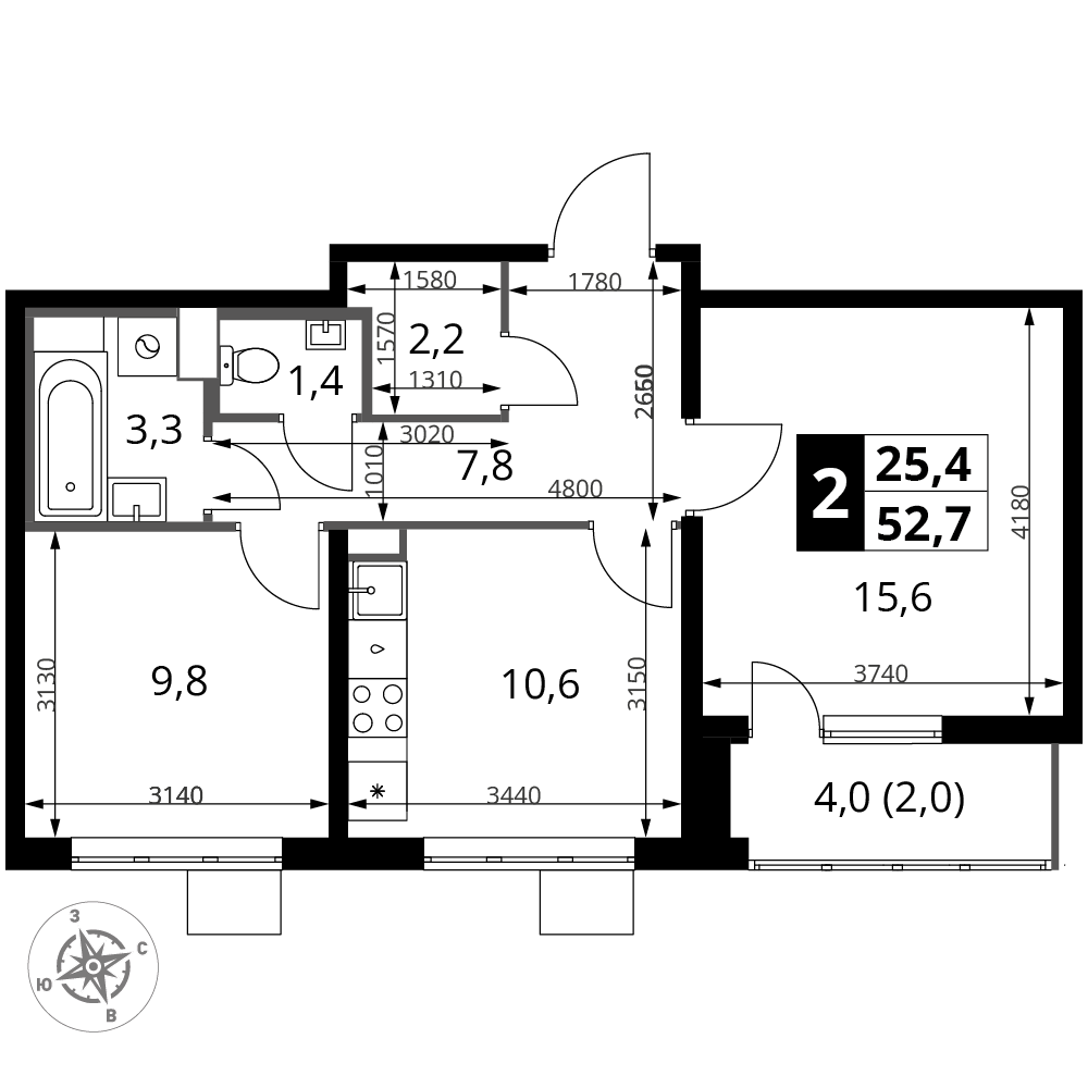 2-комнатная 52 м2 в ЖК 1-й Южный корпус null этаж 12