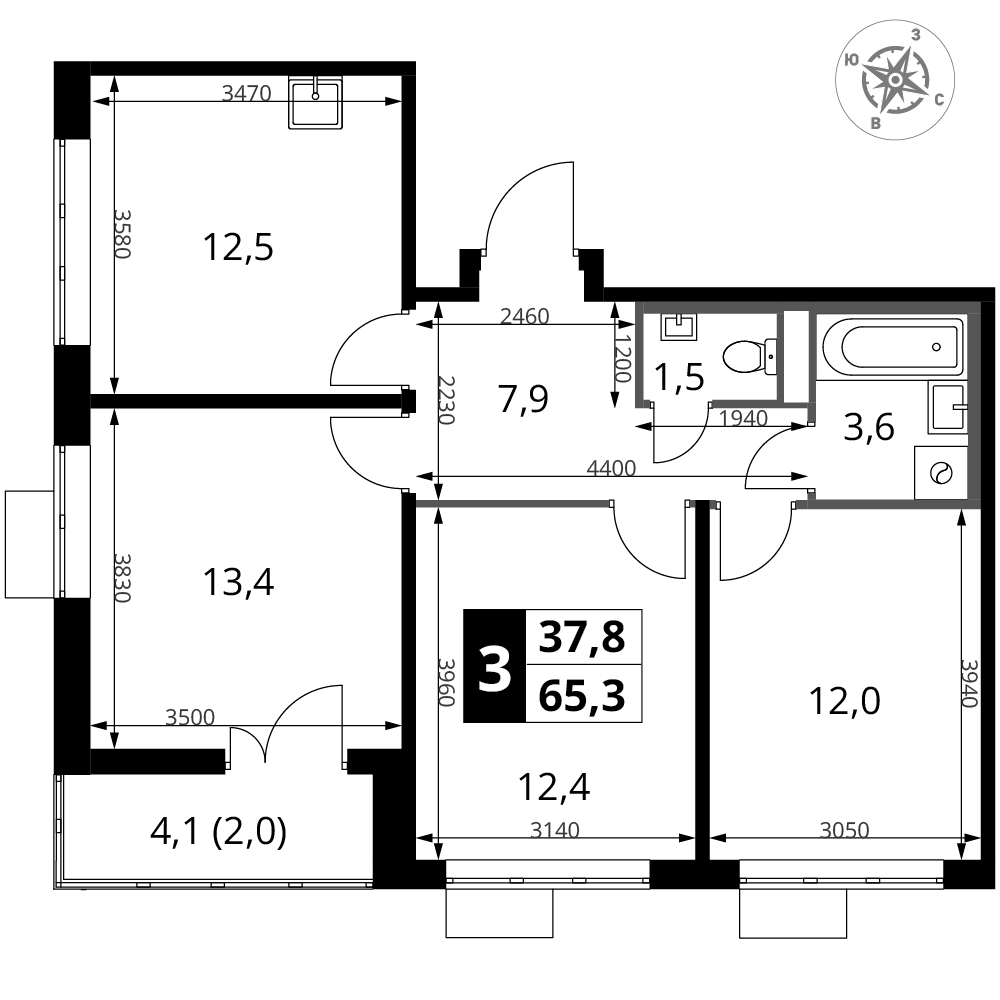 3-комнатная 65 м2 в ЖК 1-й Донской корпус null этаж 23