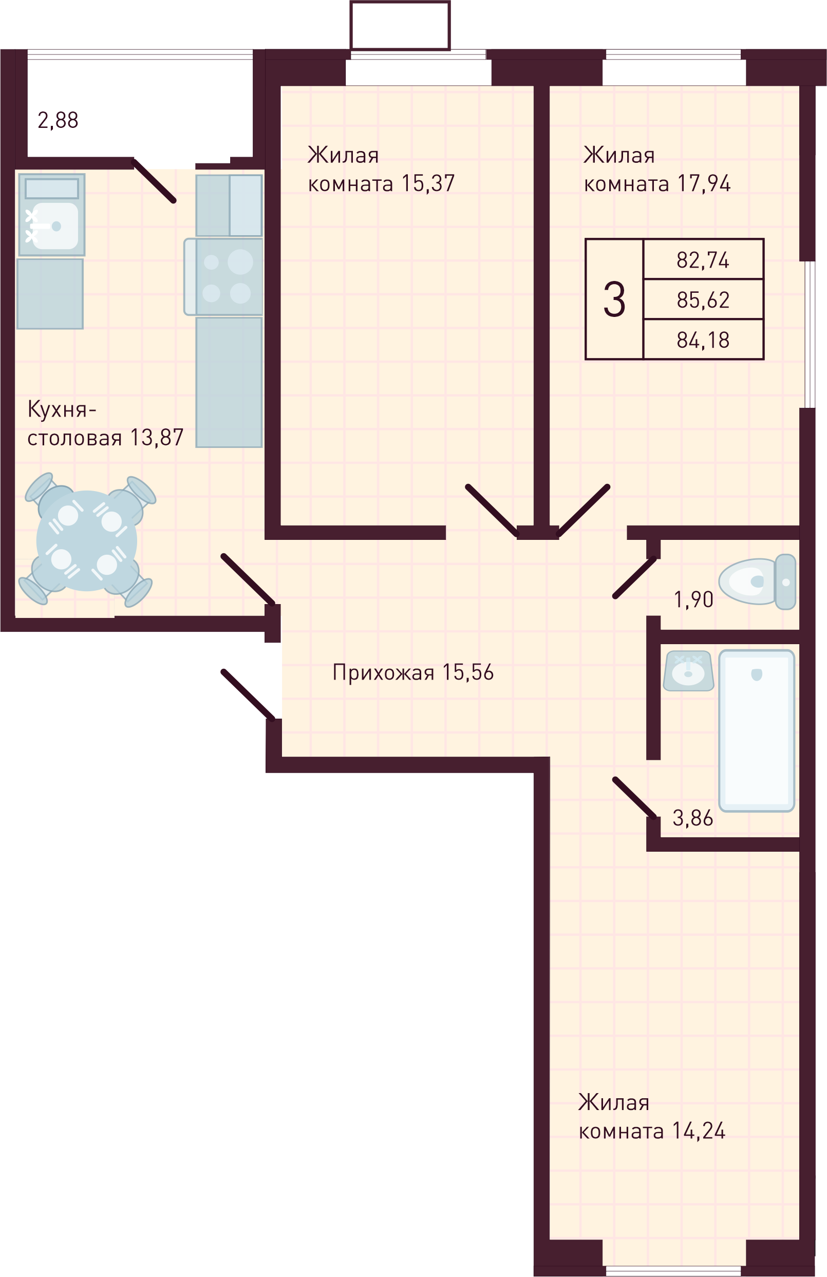 3-комнатная 84 м2 в ЖК Бетховен корпус null этаж 4